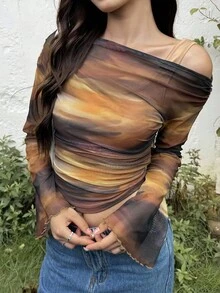 SHEIN Vintage Ombre Leopard Print Off Shoulder Flare Sleeve Elegant T-Shirt For Teen Girls