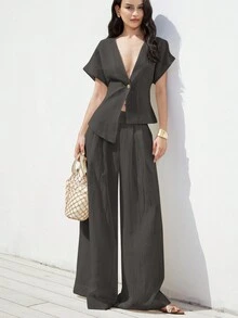 Aveloria Modichic Women's White Linen-Like Asymmetrical V-Neck Loose Textured Casual Vacation Versatile Wide Leg Pants 2 Pieces Set - Grey - View 4