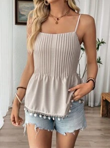 Breezaya Áo hai dây xếp ly ren trơn không tay mùa hè cho nữ - Màu be - Xem 4