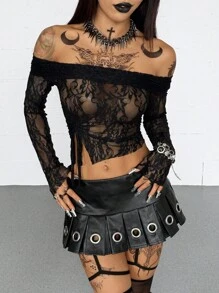 Coolane 女士夏季音乐会狂欢节外出文艺复兴博览会 Y2K 蕾丝露肩短款 T 恤 - 黑色 - 查看 4