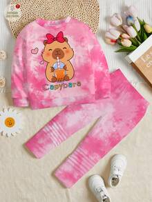 SHEIN Happikins 2pcs/Set Kids Girls Casual Cute Cartoon Capybara Print Tie-Dye Crew Neck Long Sleeve Sweatshirt And Leggings Outfit 7th Birthday - Multicolor - View 3
