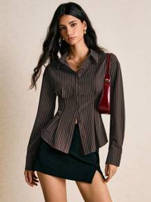 Poéselle 女士衬衫，后腰系带，纽扣闭合，棕色条纹衬衫，长袖休闲衬衫，女士休闲通勤条纹束腰长袖纽扣衬衫，秋季上衣，女士秋季服装，女士冬季服装，女士冬季外出上衣，Y2K复古风，女士纽扣衬衫，女士基础款上衣，教师衬衫 - 棕色 - 查看 3