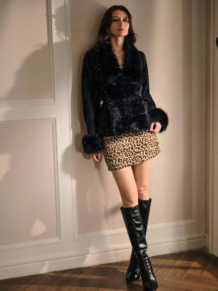 MOTF PREMIUM FURRY TRIM CONTRAST SEQUIN CARDIGAN FOR AUTUMN & WINTER - Black - View 6