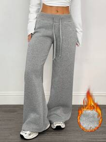 SHEIN PETITE Comfortable And Casual Plain Knitted Low Waist Wide Leg Women's Sports Pants With Fleece For Warmth In Autumn And Winter Winter Sweatpants Wide Leg Sweatpants Fleece Sweatpants Flare Sweatpants Sweatpants For Women - Grey - View 4