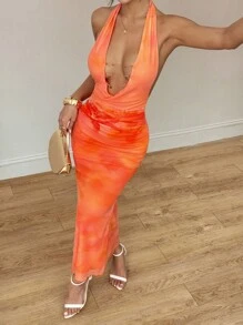 SHEIN PETITE Đầm Maxi Bodycon hở lưng gợi cảm, cổ khoét sâu chữ V, thắt nơ, hở lưng, trang trí dây xích, hẹn hò lãng mạn mùa xuân/hè cho nữ - trái cam - Xem 6