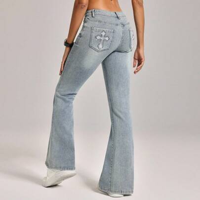 여성용 크로스 패턴 포켓 플레어 캐주얼 멀티 데님 청바지