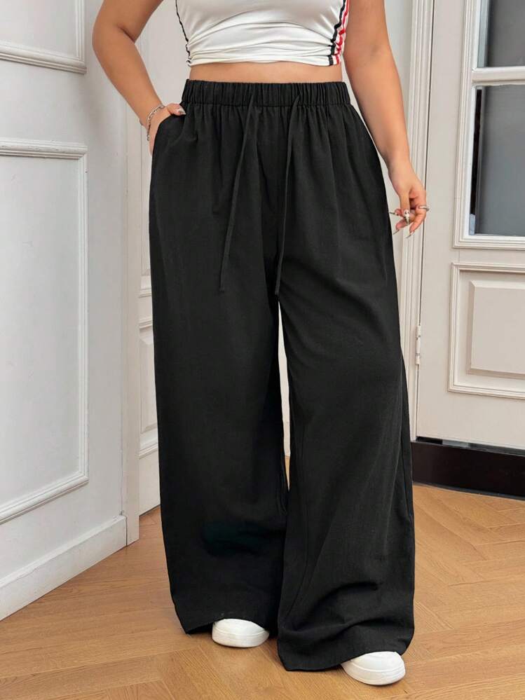 SHEIN EZwear 大码女式纯色抽绳腰部口袋宽松休闲裤 - 黑色 - 查看 4