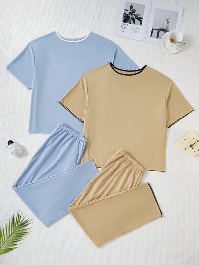 SHEIN 2 套加大码纯色休闲睡衣套装两件套睡衣套装短袖睡衣套装夏季睡衣套装2 件短套装女士棉质家居服