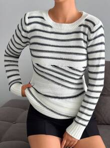 SHEIN Tall Women's Striped Crew Neck Long Sleeve Casual Pullover Frenchy Black And White Color Sweater,Jumper,Cream Jumper,Jumpers,Womens Jumper,Women's Jumper,Women's Jumpers,Winter Clothes