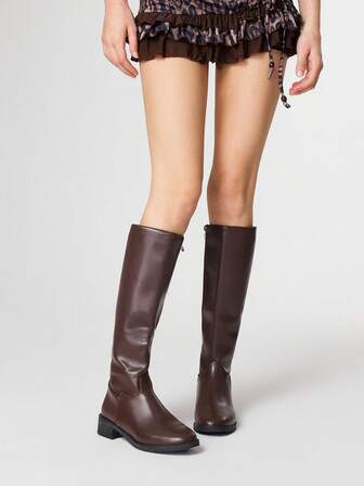 Fairycore Damen Kniehohe Stiefel in Braun, Reitstiefel mit Gummizug und Seitlichem Reißverschluss, flache hohe Lederstiefel