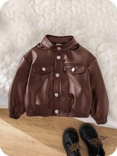 SHEIN Cute Casual Fashion Street Leather Collar Brown Jacket, Suitable For Baby Boys And Baby Girls, Great For Christmas Party In Autumn/Winter