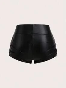 SHEIN PETITE 女士纯色褶皱黑色 PU 皮革短款紧身裤 - 黑色 - 查看 6
