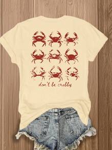 Áo thun in hình con cua hai mặt dành cho nữ, thiết kế chủ đề đại dương sống động với dòng chữ "Tôi sẽ biến thành con cua", áo thun cổ tròn tay ngắn giản dị - Màu Khaki - Xem 3
