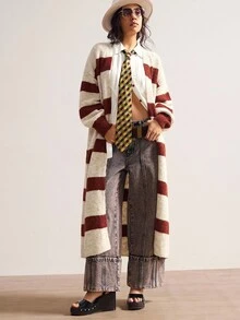 Bohemela Boho Women's Beige Autumn 90s Retro Back-To-School Long Cardigan,Vintage Loose Striped Knit Sweater,Western Country Style School Concert Vacation - Khaki - View 6