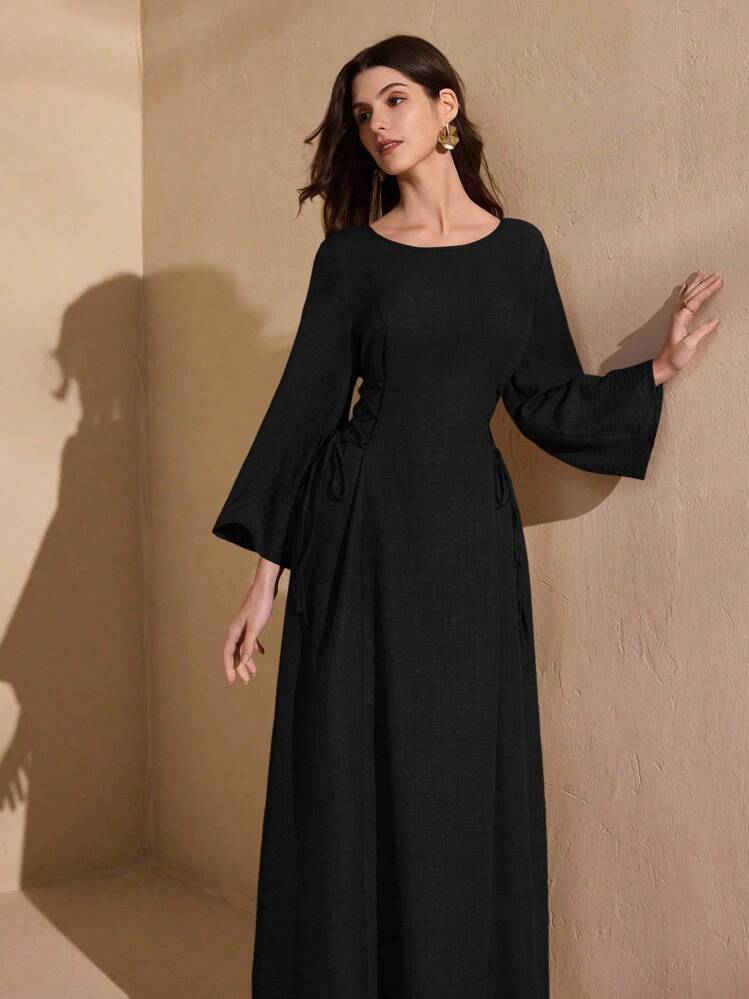 Graceveil Women's Solid Color Minimalist Daily Wear Round Neck Long Sleeve Dress - Black - View 4