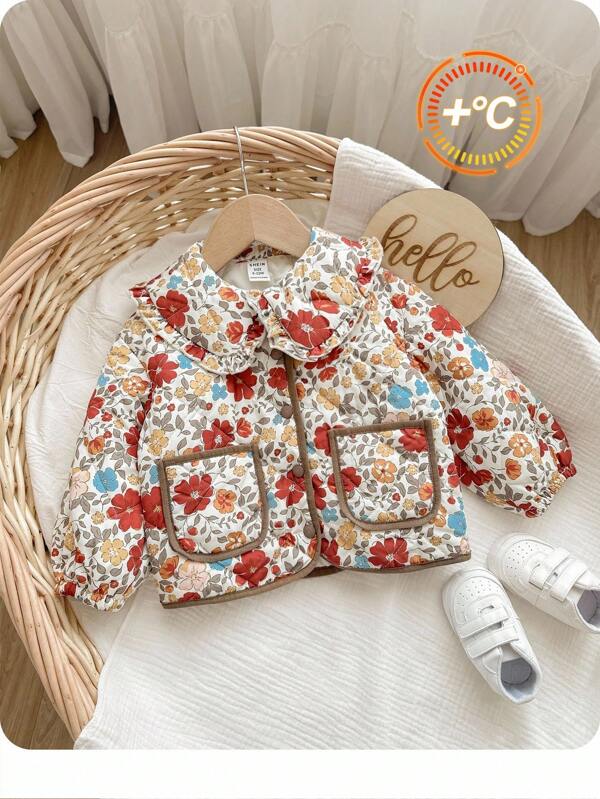 SHEIN Chaqueta casual con forro térmico y estampado floral para bebé niña, adecuada para otoño/invierno