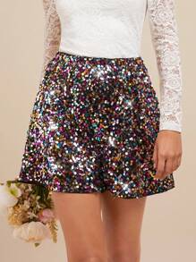 Amorya Pantalones cortos de mujer con decoración de lentejuelas brillantes en forma de A, elegantes pantalones cortos brillantes para fiestas navideñas - Multicolor - Ver 5