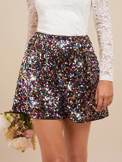 Amorya Sparkly Sequin Decor A-Line Shorts For Women, Elegant Christmas Party Shiny Summer Holiday Outfits Vacation Gift Mom