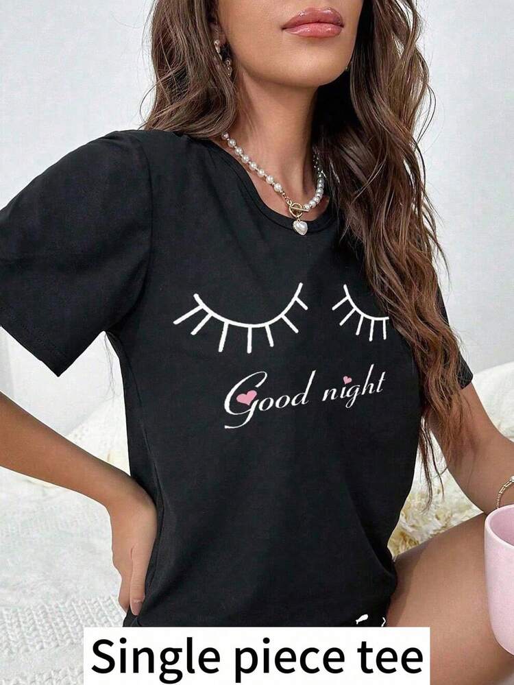 睫毛字母印花圆领针织短袖睡衣上衣 - 黑色 - 查看 7