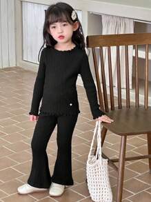 Dazy Kids Young Girl Frill Trim Crew Neck Long Sleeve Sweater And Flared Knit Pants Casual Outfit - Black - View 7