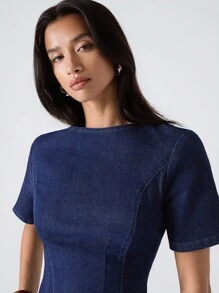 LYSMO 女士纯色圆领休闲短袖牛仔衬衫 - 藍色 - 查看 3