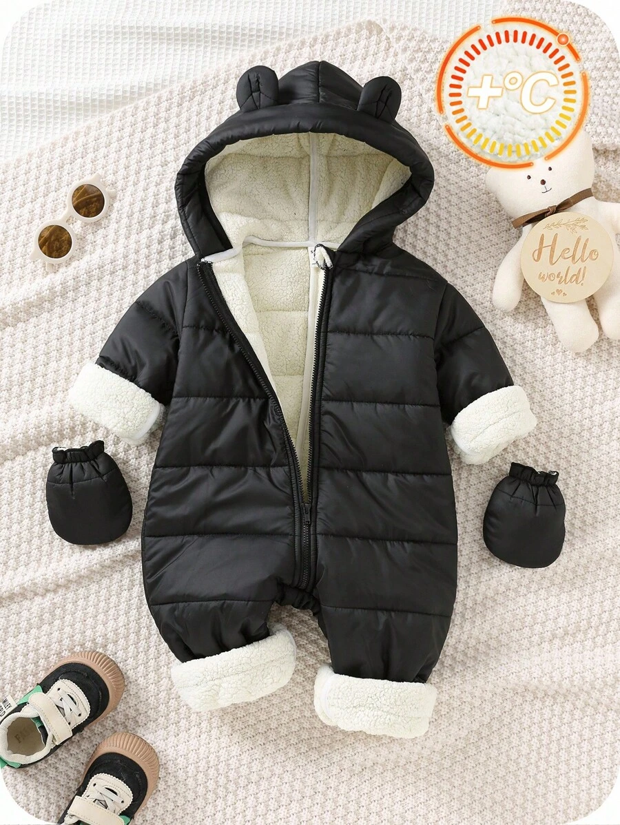 SHEIN 2件套新生儿男女宝宝可爱纯色连帽加厚连体衣、滑雪服、手套，男女通用婴儿服装，婴儿冬季保暖服 - 彩色 - 查看 1