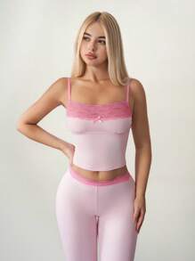 Sweetina 女士 2 件套蕾丝吊带背心和喇叭裤，女孩休闲装粉色喇叭裤套装蕾丝边两件套 - 粉色 - 查看 4