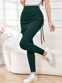 Modelyn Women's Solid Color Drawstring Design Patchwork Casual Leggings Fall Cloth For Women - Dark Green - View 3