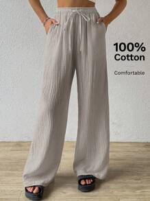 SHEIN EZwear 夏季纯色纹理褶皱面料宽松抽绳腰系带纯棉休闲度假阔腿裤，加大码 - 灰色 - 查看 1