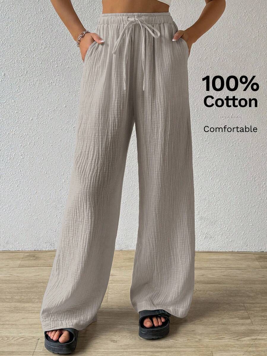 SHEIN EZwear 夏季纯色纹理褶皱面料宽松抽绳腰系带纯棉休闲度假阔腿裤，加大码 - 灰色 - 查看 1