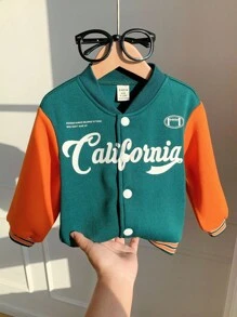 SHEIN Áo khoác bóng chày lót lông cừu ấm áp, kiểu dáng thường ngày cho bé trai/bé gái, màu cam/xanh lá cây, chất liệu dày dặn, có khóa kéo, thích hợp cho mùa thu/đông. - Nhiều màu - Xem 6