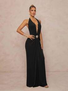 Lumalex فستان نسائي جميل ذو رقبة حلقة معدني للعطلات والمهرجانات الموسيقية على الشاطئ، عميق الياقة على شكل V مرن - الأسود - مشاهدة 6