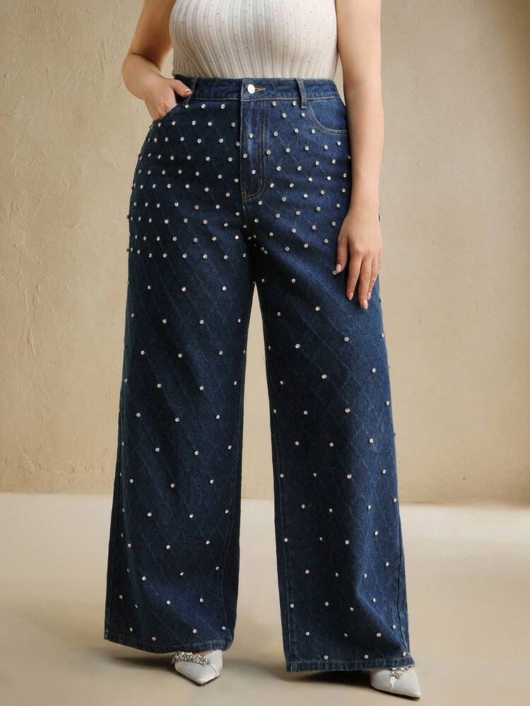 Jeans rectos con abalorios y adornos para mujer de talla grande, adecuados para festivales, uso casual y elegante