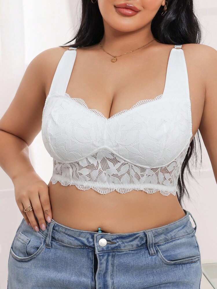 SHEIN 大码纯色宽肩带休闲蕾丝拼接无线文胸 - 白色 - 查看 3