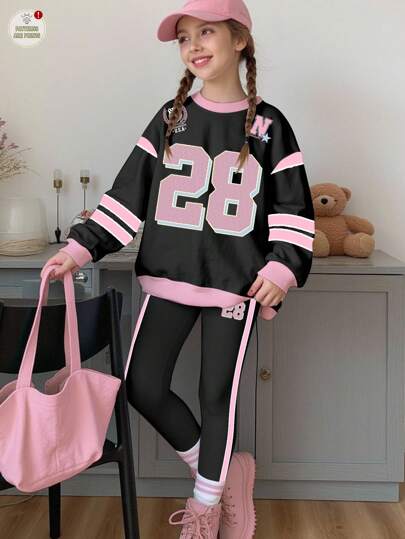 SHEIN 2 件套青少年女孩休闲运动图案运动衫和紧身裤套装，数字 28 印花，圆领长袖套头衫和紧身裤，适合秋冬季