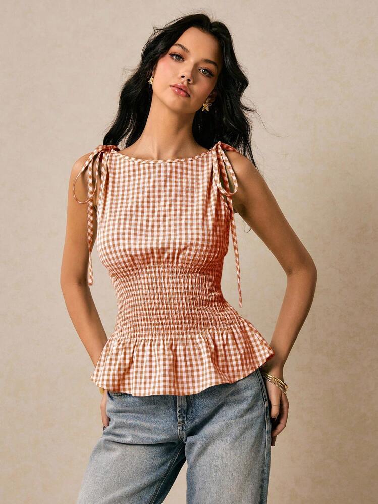 Poéselle Women's Top Waist Gingham Top Round Neck Waist Tie Flounced Hem Shoulder Tie Tank Top Summer Clothes Cute Y2k - Brown - View 1