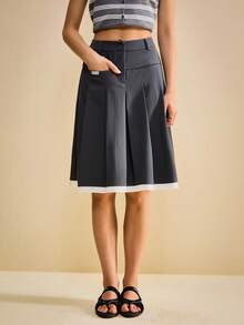 Muvela Váy xếp ly dài vừa phải màu tương phản có túi phong cách học đường cổ điển dành cho nữ, đa năng cho mùa tựu trường vào mùa thu - màu đen - Xem 2