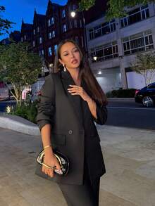 NegzBox Blazer informal de solapa doble botonadura con cuello - Negro - Ver 4