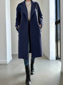 EURMUSE Women's Solid Color Lapel Collar Long Sleeve Long Fashionable Coat - Navy Blue - View 5