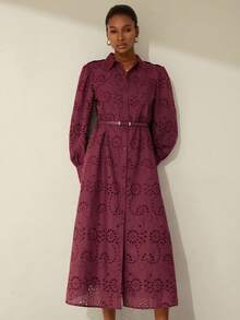 Aveloria Modichic Solid Color Hollow Embroidery Cinched Waist Front Long Sleeve Shirt Dress - Burgundy - View 6