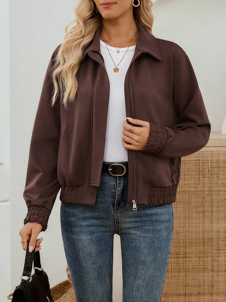 Damen Lässig Mode vielseitige einfarbige Reißverschluss Langarm braune Reißverschluss Jacke Herbst Winter Ausgehen