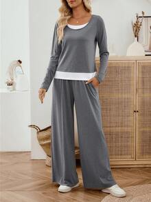 EMERY ROSE 2 件套女士休闲宽松长袖上衣和裤子套装两件套家居套装女士两件套女士舒适家居服女士秋季服装 2 件套女士套装配套套装 2 件套女士秋季女装两件套服装女士 - 灰色 - 查看 4