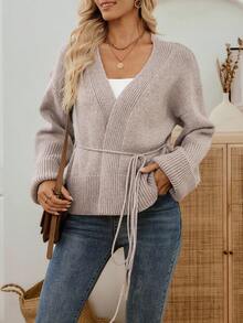 EMERY ROSE Women's Ribbed Knitted Tie-Waist Long Sleeve Cardigan, Tie Front Knitted Cardigan Winter Going Out - Khaki - View 6