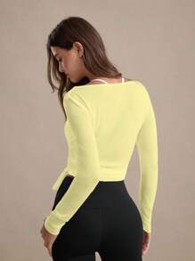 Eassivo Eassivo Camiseta deportiva de manga larga con nudo delantero de punto texturizado para mujer, versátil para todas las estaciones, top deportivo amarillo para mujer, tops de yoga, top deportivo de manga larga amarillo