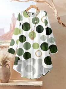 SHEIN RusticEase Bộ 2 áo thun dài tay cổ tròn rộng rãi và quần dài cho nữ, trang phục mùa hè, họa tiết hình tròn - Nhiều màu - Xem 3