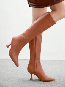 CUCCOO BIZCHIC Bottes mi-mollet à talon fin et bout pointu, de couleur unie et style minimaliste pour femmes - Tabac - Voir 5