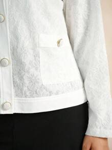 Flouryn Jaket Putih Wanita Ukuran Besar dengan Leher Bulat, Lengan Raglan, Kancing Tunggal, dan Patchwork Renda, Jaket Kasual Kantor Elegan untuk Musim Gugur - Putih - View 8