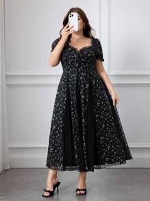 SHEIN MOD Robe longue à manches bouffantes avec ourlet asymétrique et imprimé floral de style rétro élégant pour grande taille, robes élégantes pour fête, robe d'anniversaire pour femmes, fête, Halloween