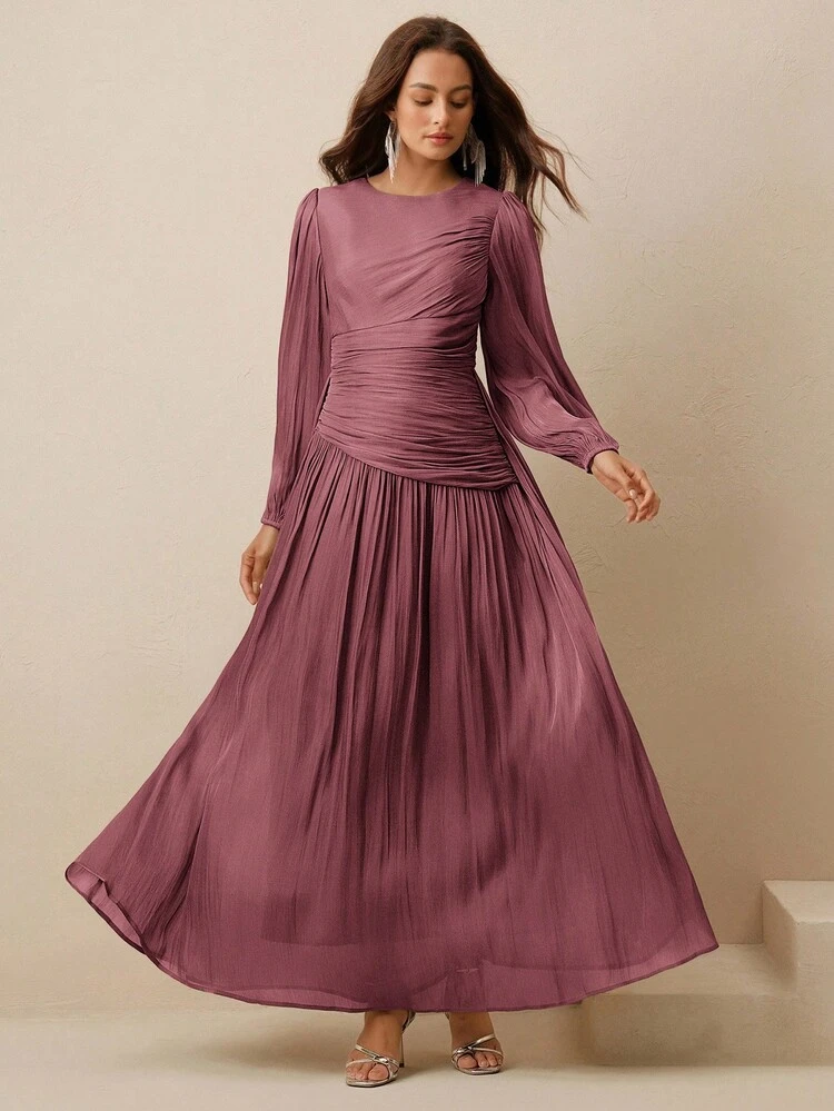 Anewsta Essential Women's Long Dress, Round Neck, Waist Ruched, Puff Sleeve, Long Sleeve, Olive Green, Glossy, Elegant & Versatile Dress