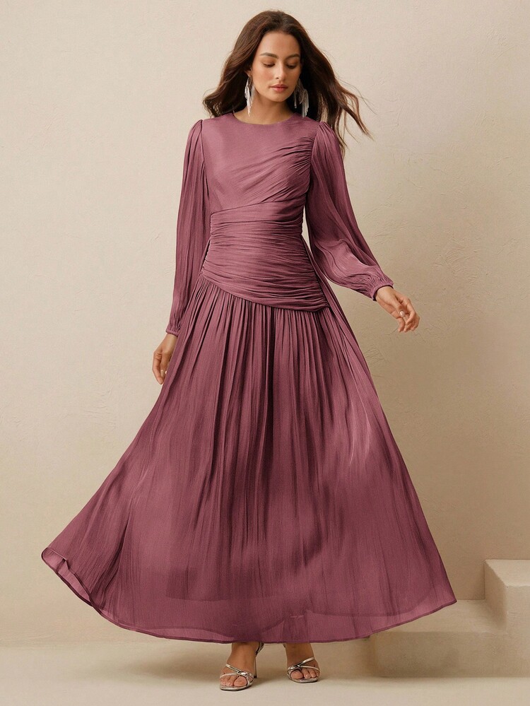 Anewsta Essential Vestido largo para mujer, cuello redondo, cintura fruncida, manga abullonada, manga larga, verde oliva, brillante, vestido elegante y versátil - Red Plum - Añade 7
